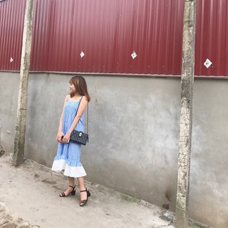 Đầm dáng xòe đuôi cá maxi chấm bi xanh