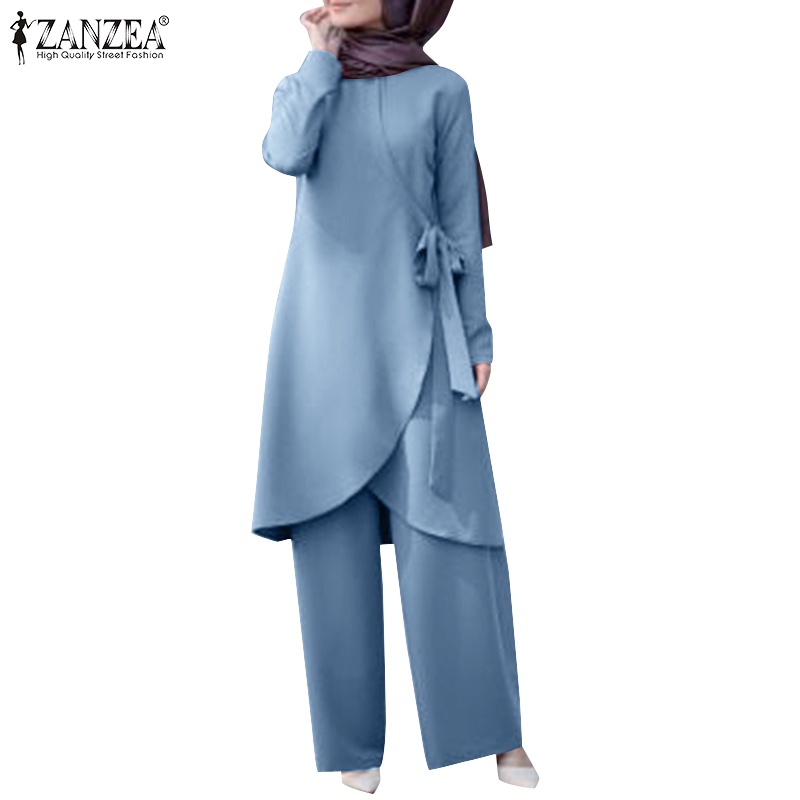 Bộ đồ hai mảnh Zanzea gồm áo tay dài và quần dài ống rộng màu trơn thiết kế đơn giản thời trang cho nữ