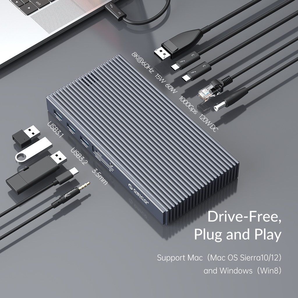 Orico Bộ Chia Cổng USB C Thunderbolt3 M.2 NVME SATA SSD 9 Trong 1 PD 60W 40GBPS 8K Cho MacBook (Tb-3-S2)