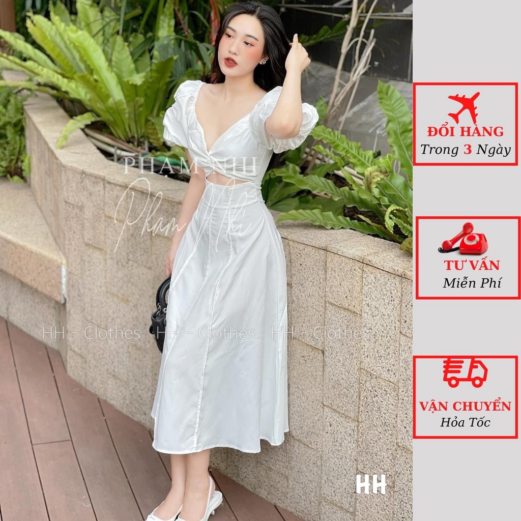 Váy maxi nữ tay bồng xoắn ngực cổ tim hở eo dáng dài đi biển du lịch ulzzang Hàn Quốc