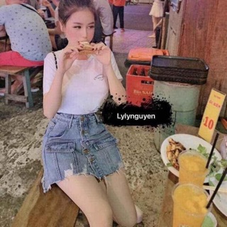 Quần Váy Jean Khuy Rách Lệch