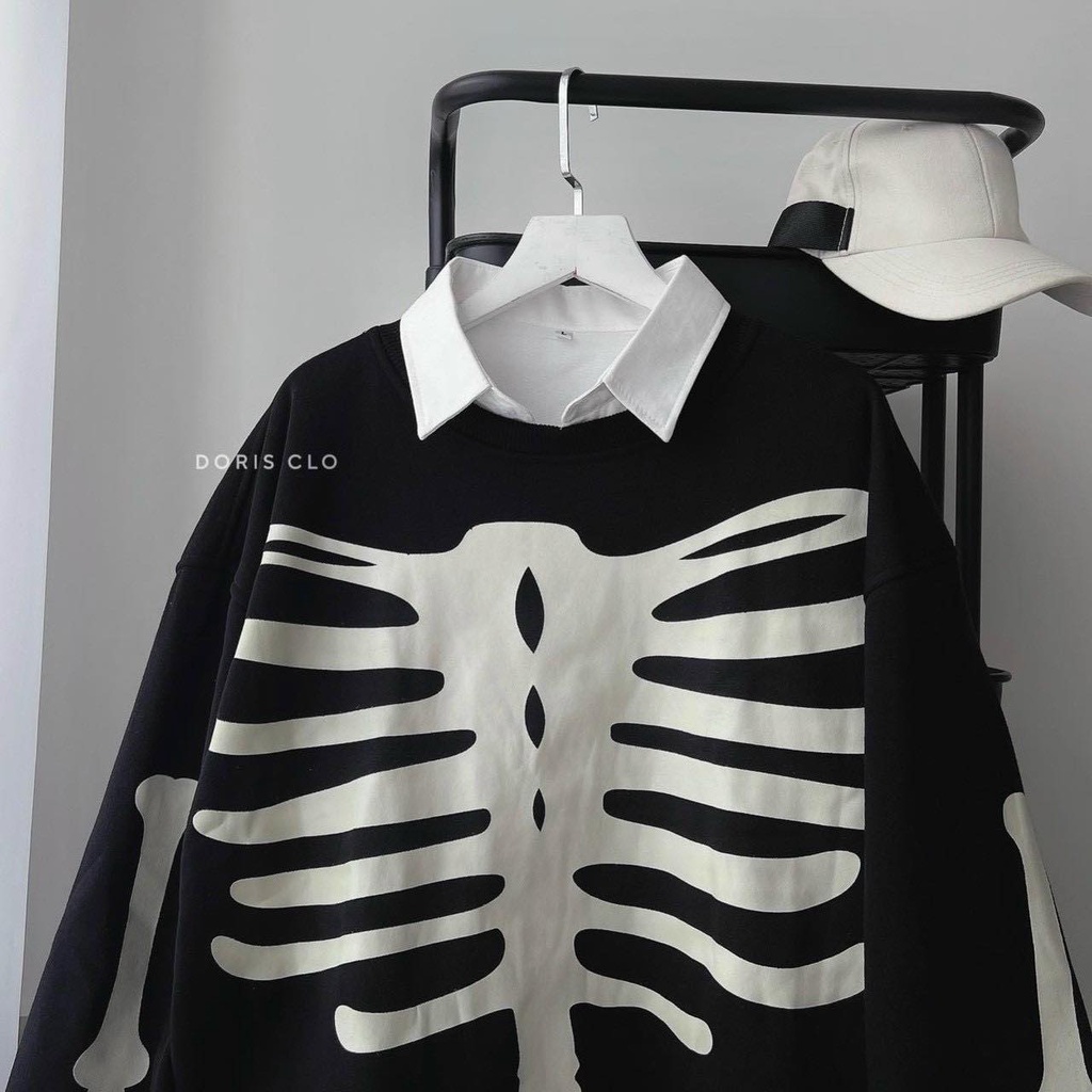 Áo Khoác Sweater Nỉ Thun Form Rộng Nam Nữ Họa Tiết Hình Xương Phong Cách Thời Trang