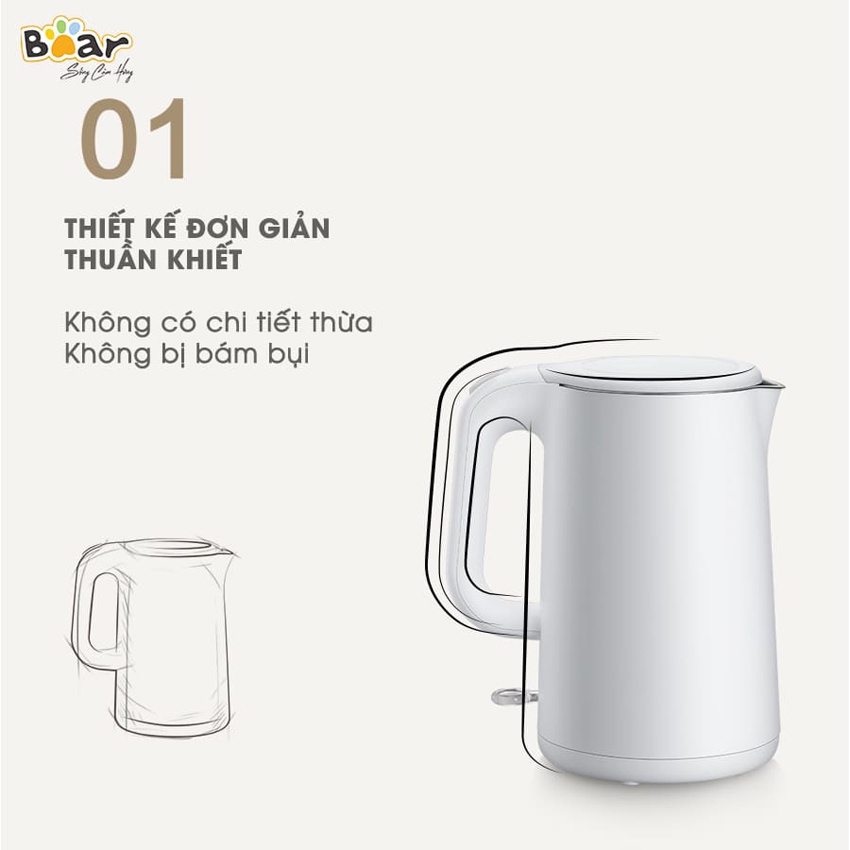 Ấm Siêu Tốc Bear ZDH-B15T1 dung tích 1.5 lít, công suất 1500W  (Hàng chính hãng 1 đổi 1 trong 30 ngày, bảo hành 18 tháng