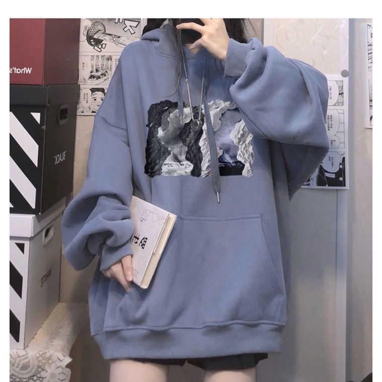 Áo Hoodie Nỉ Bông Tay Suông Túi Bụng To Unisex Hoạ Tiết