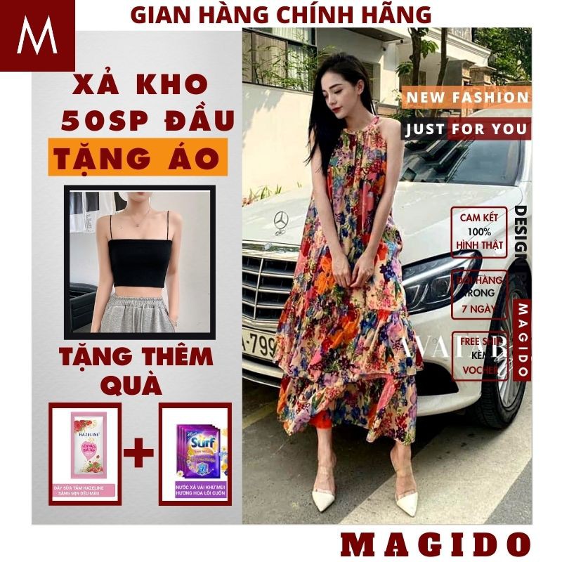 váy nữ  đầm hoa nữ ,đầm yếm tầng voan hoa cực xinh, thời trang vintage maxi đi biển cute MAGIDO-(KÈM QUÀ TẶNG+ẢNH THẬT)