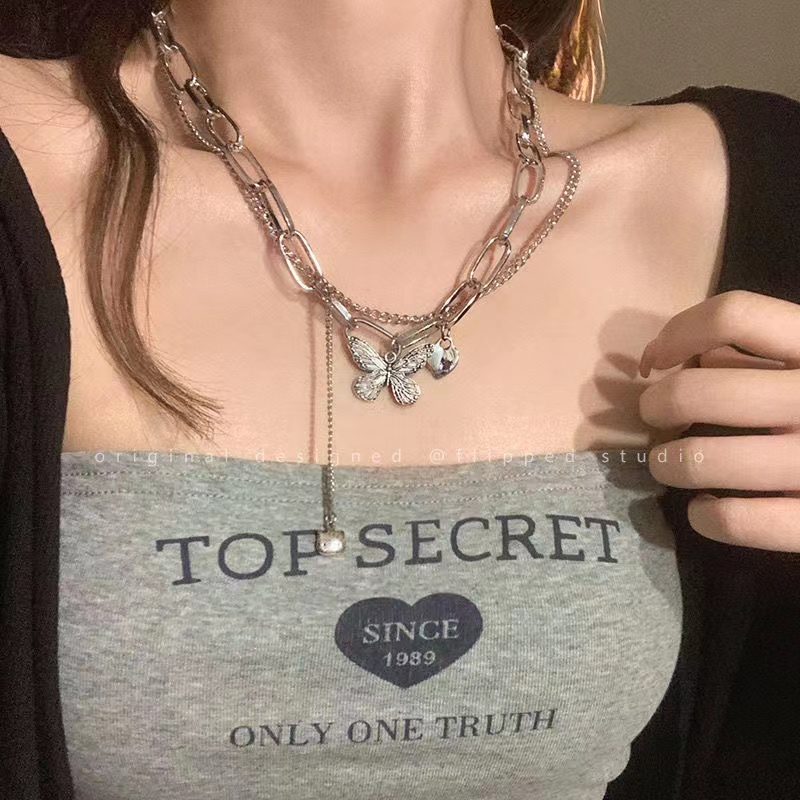 Vòng cổ IF YOU mạ bạc mặt hình trái tim/bướm phong cách Hàn Quốc