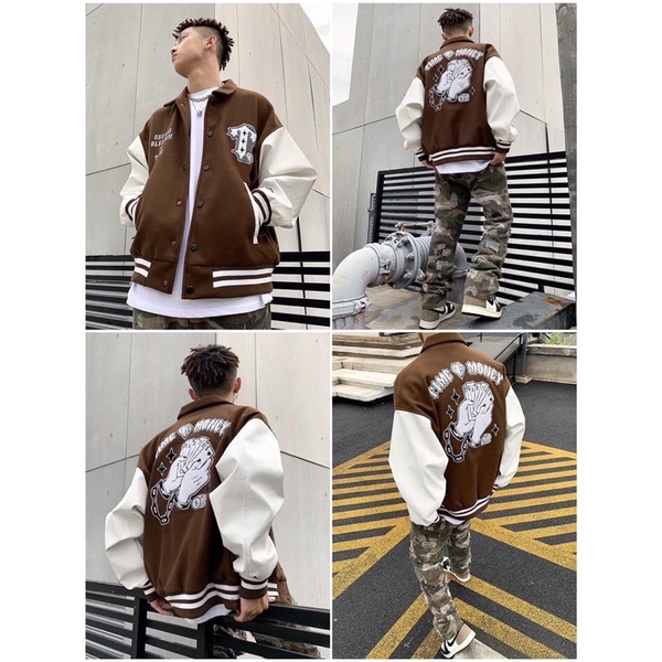 Áo VARSITY JACKET BOMBER TIME MONEY - ÁO BOMBER NỈ IN CHỮ T