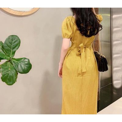 ĐẦM SUÔNG CARO ĐÍNH NÚT DÂY THẮT BÊN HÔNG