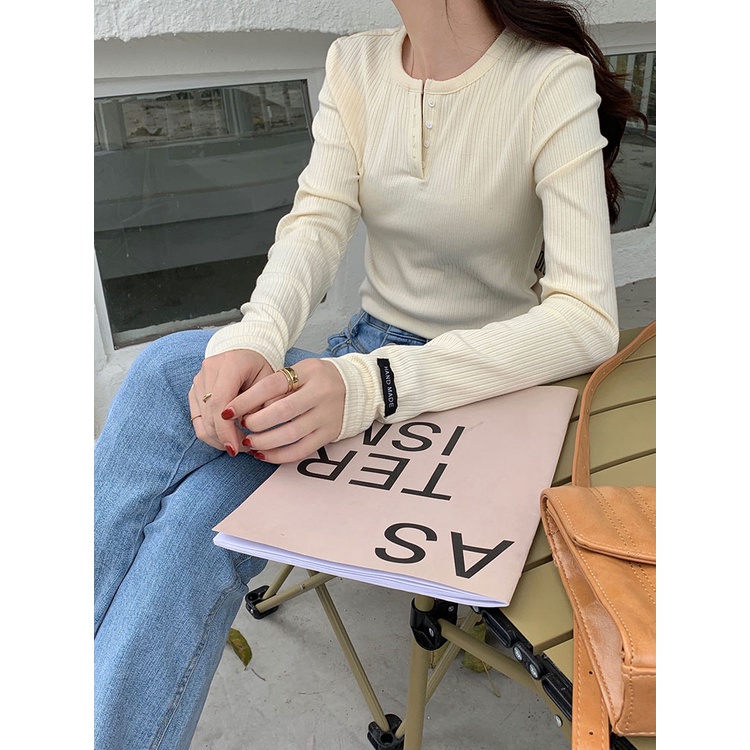 Áo kiểu dệt kim tay dài cổ tròn ôm dáng vừa vặn thời trang cho nữ 48045