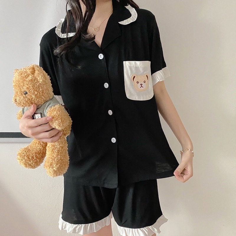 Bộ ngủ viền bèo thun gân form rộng ( SẴN XANH )