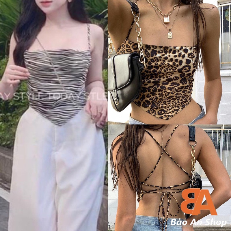 Áo kiểu yếm nữ phối đan dây lưng có mút ngực họa tiết beo + vằn