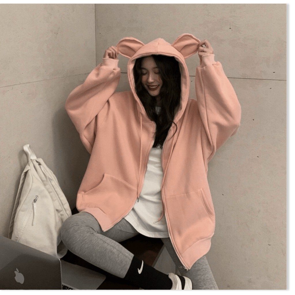 Áo khoác hoodie nam nữ kiểu tai thỏ, (FreeSize dưới 70Kg), form rộng phong cách Hàn Quốc, áo hoodie form rộng unisex vải