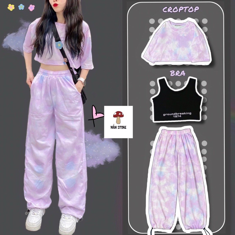 Set áo croptop  loang màu + bra đen + quần jogger dài loang màu ống rộng dây rút - Set bộ thể thao 3 món