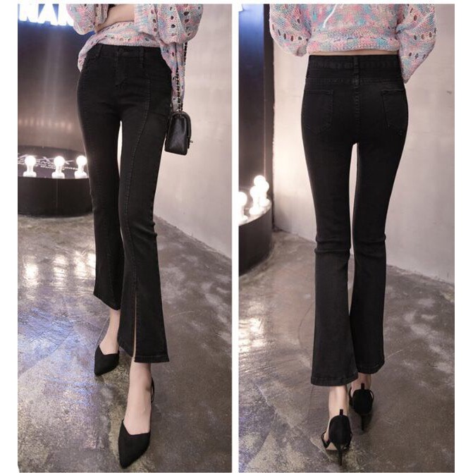 [Hot Trend 2019]_Quần Jeans Ống Loe Đen Trơn | Quần Jeans Nữ Ống Loe Lưng Cao - Co Giãn Tốt ( Hàng Có Sẵn )-NL123511