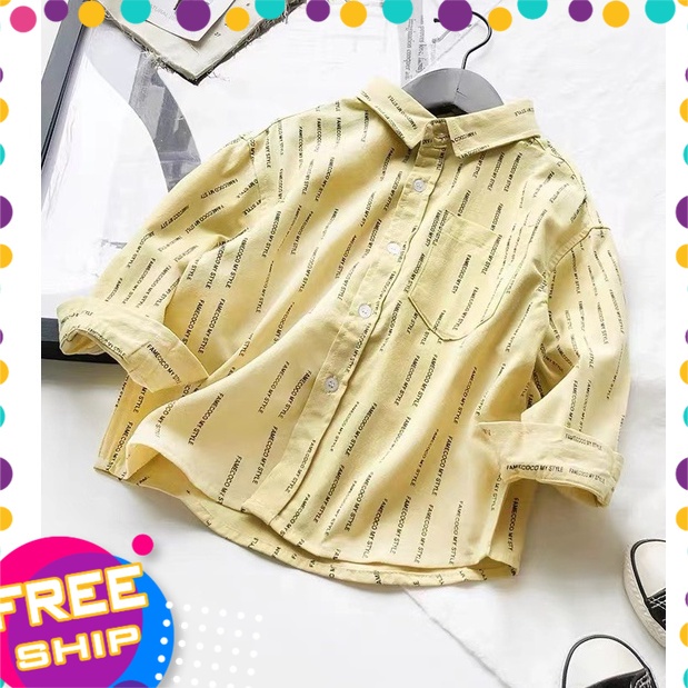 Áo sơ mi dài tay bé trai 2-8 tuổi in chữ FAMECOCO hãng Tommy xuất khẩu, Sơ mi cho bé vải thô mềm dáng thời trang