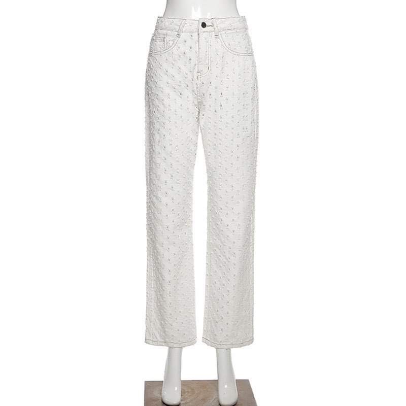 Quần Jeans Nữ Trắng Họa Tiết Đục Lỗ Thời Trang Phong Cách Ulzzang Hot Trend 2022