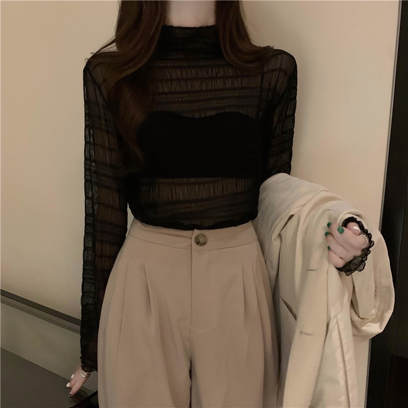 Áo voan tay dài TienKhi Shop nhúng mỏng cổ lọ màu trơn AK47