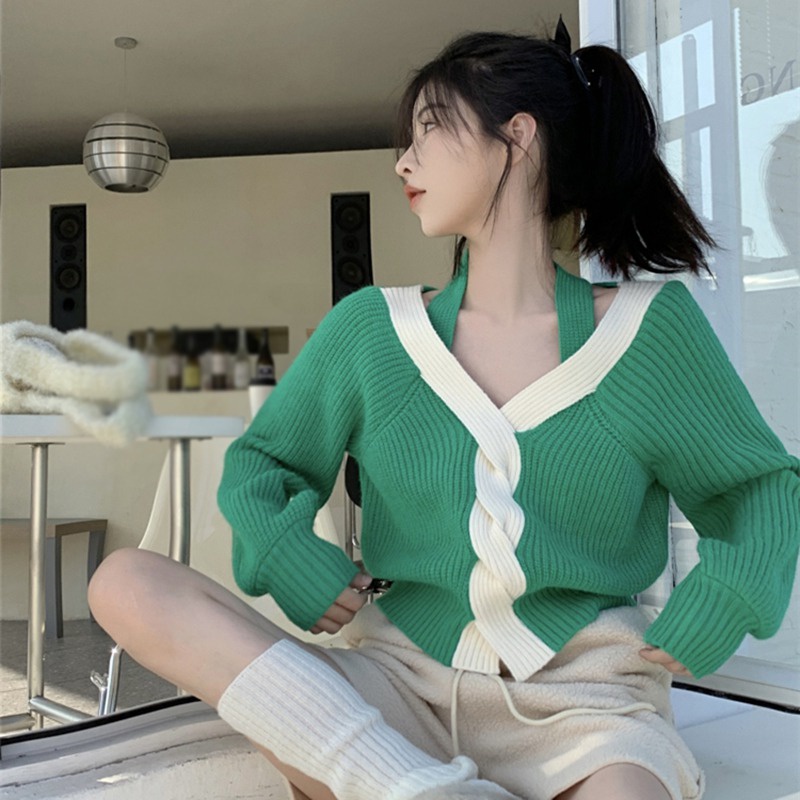 Áo Sweater Dệt Kim Tay Dài Cổ Chữ V Màu Sắc Tương Phản Phong Cách Hàn Quốc Cho Nữ