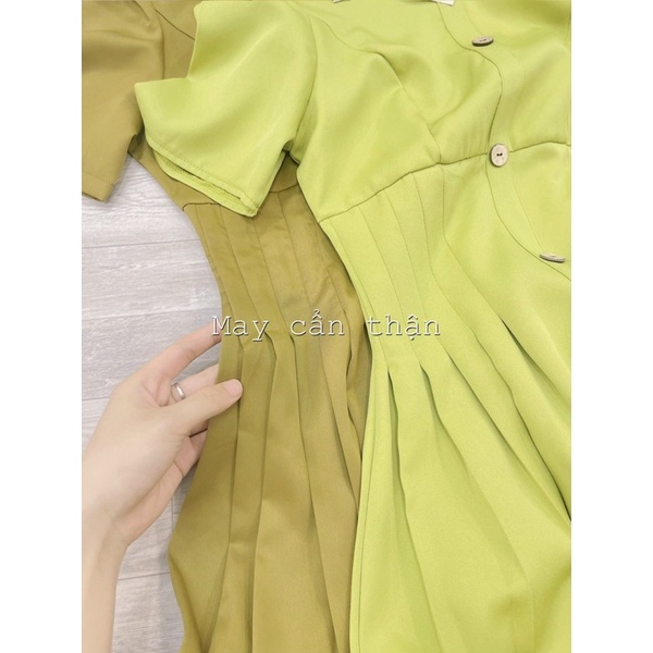 Váy xanh cốm xếp ly eo cúc gỗ phong cách vintage hàn quốc