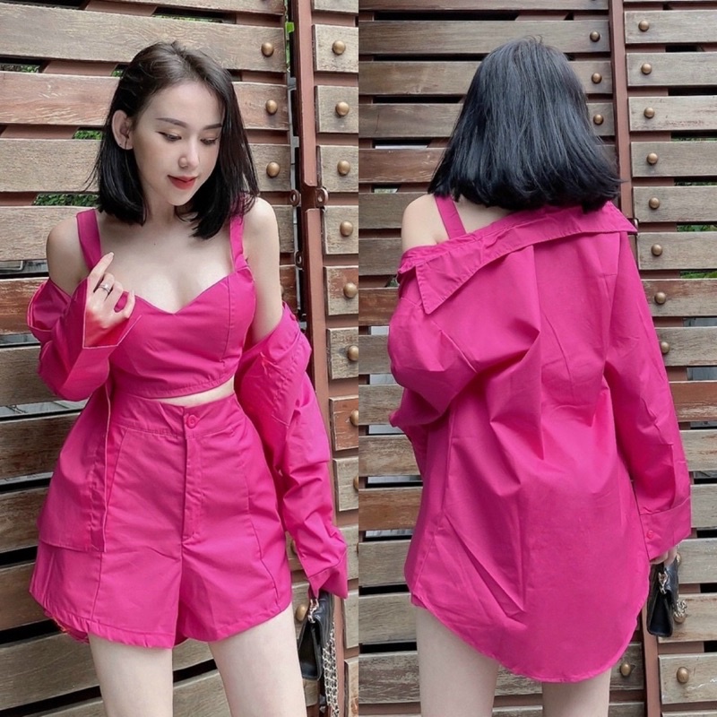 Set kaki 3 món áo croptop 2 dây + khoác sơmi + quần short ngắn kem/xanh/cam/hồng, thời trang năng động đi chơi dạo phố