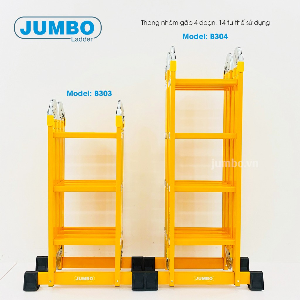 Thang nhôm gấp 4 đoạn JUMBO B303, B304 - Mẫu 2020 cao cấp, tải trọng 300kg, chiều cao từ 1.7m đến 4.7m