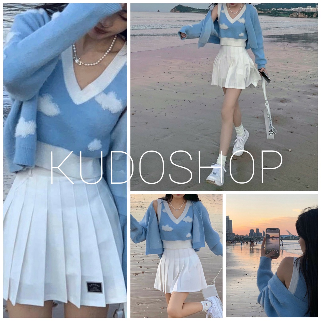 ☾✺Set 3 món áo crt lỗ đám mây kèm cadigan và chân váy xếp ly/ nữ mặc thu đông thời trang hàn quốc
