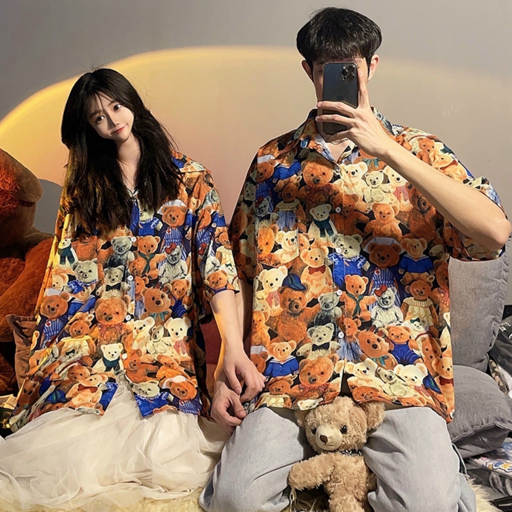 Áo sơ mi tay ngắn nam nữ form rộng unisex GẤU CAM cực xinh, áo cặp đôi