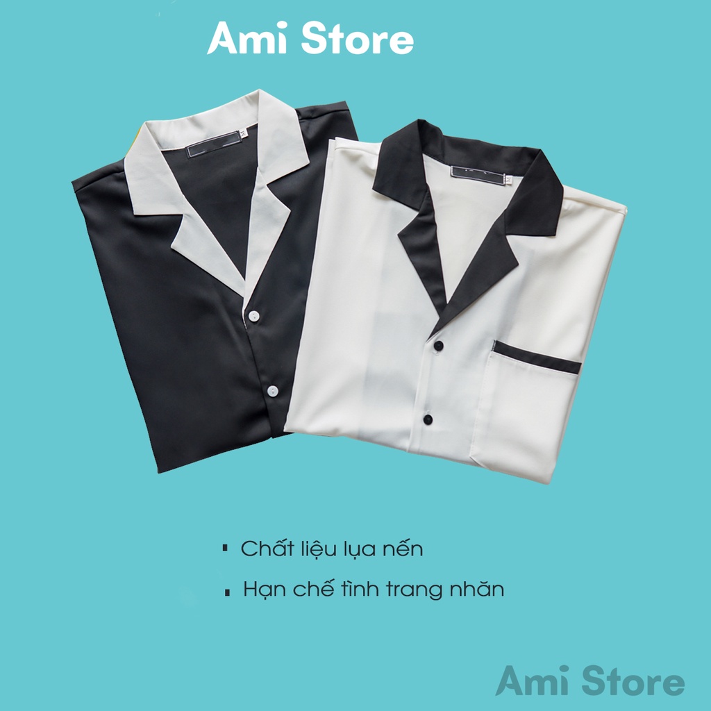 Áo sơ mi unisex ngắn tay, cổ pijama  phối màu đen trắng áo somi nam nữ phong cách Hàn Quốc Ami Store SM07