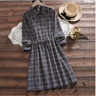 Autumn Elegant Women POLO Shirt Dress Slim Vintage Plaid Check Long Sleeve Tunic Midi Pleated Party Prom Dresses