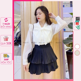 Áo Sơ Mi Kiểu Nữ Hàn Quốc Cổ Nơ Tay Phồng Bánh Bèo Tiểu Thư Form Rộng Chất Lụa Tơ Đẹp Màu Trắng Be Thời Trang