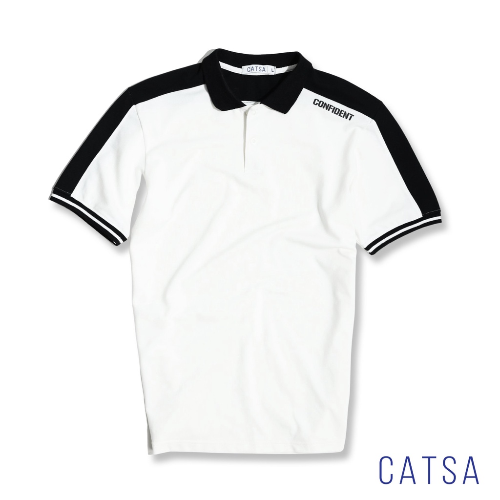 CATSA Áo thun polo trắng phối đen in chữ thun cotton mặc thoải mái, thấm hút mồ hôi ATP151