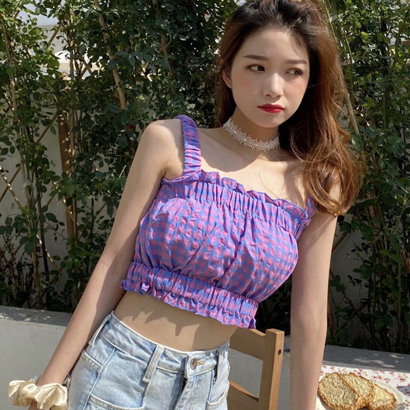 Áo lửng 2 dây in họa tiết caro quyến rũ cho nữ | BigBuy360 - bigbuy360.vn