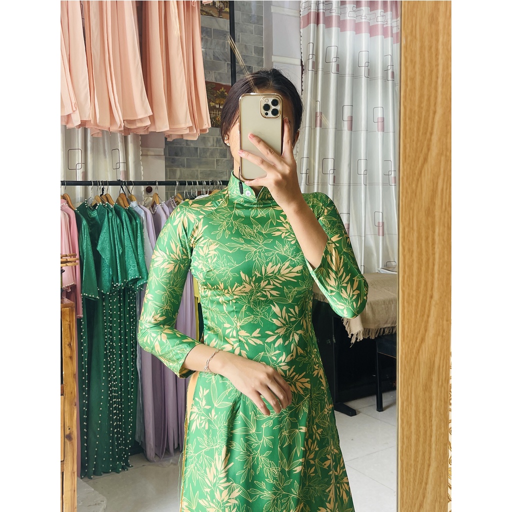 Áo dài lụa bóng Thái Tuấn họa tiết lá tre trúc xanh - Áo dài mẹ áo bà sui