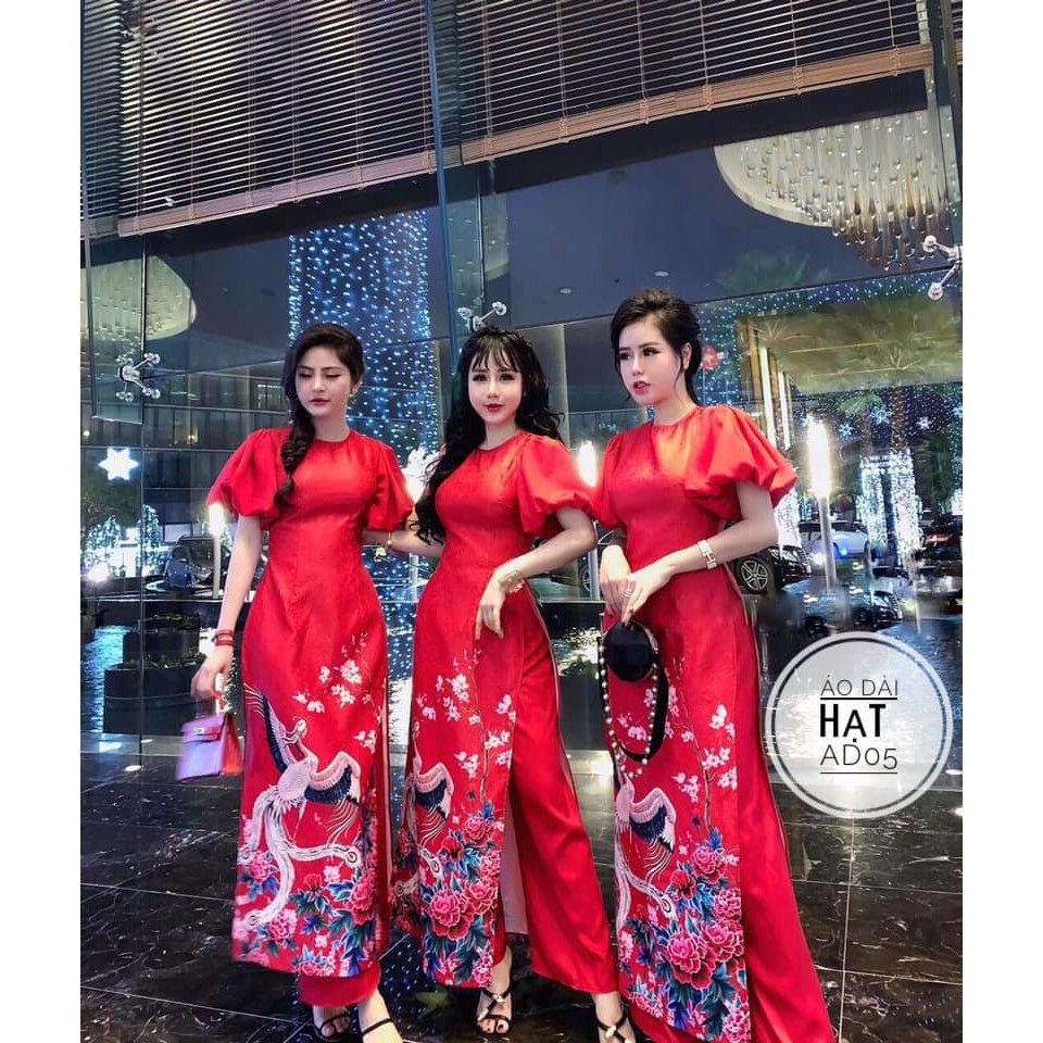 Áo dài hạt bigsize tay ngắn 2 màu đỏ vàng kèm quần size 55-90kg