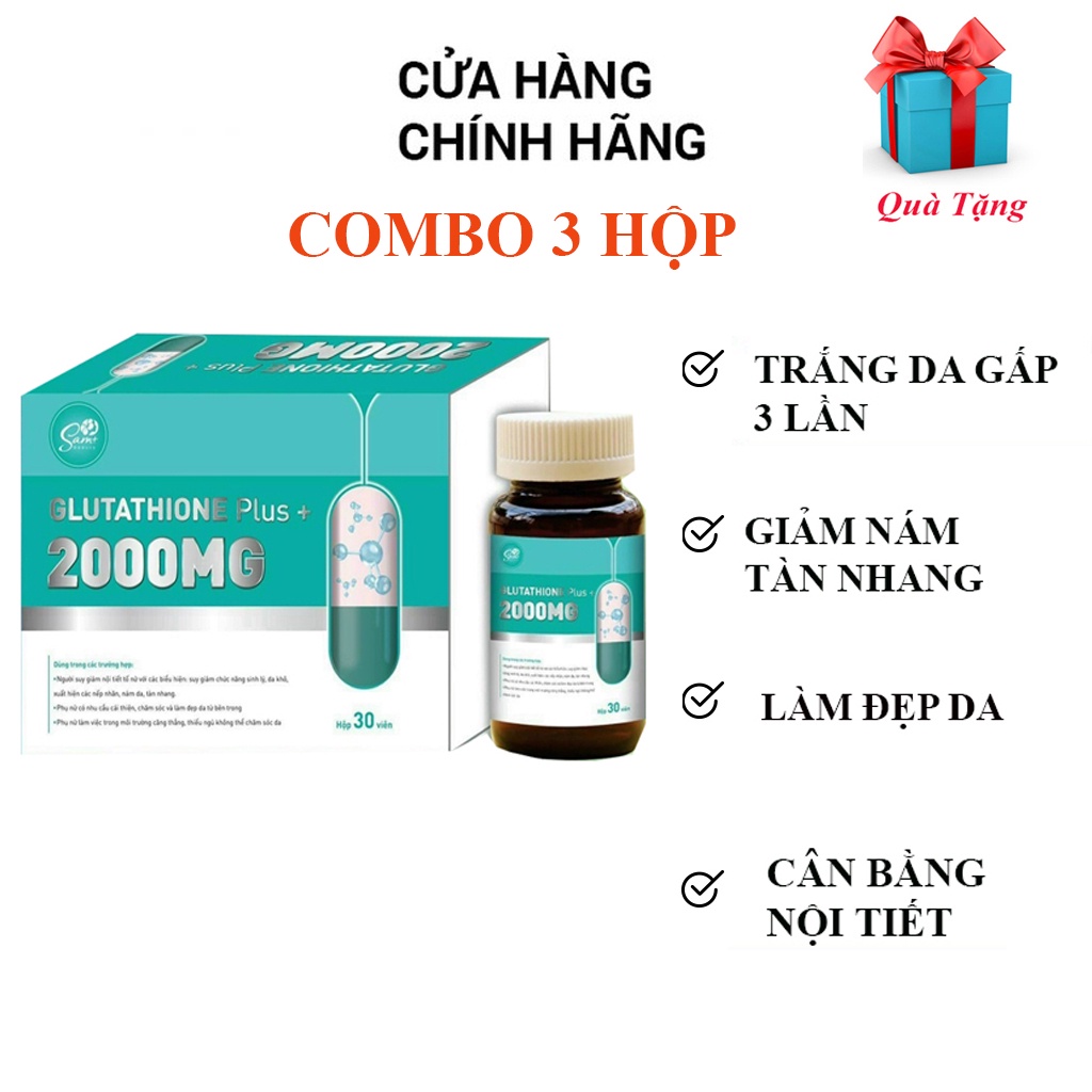 Combo 3 Hộp Viên Uống Trắng Da Mờ Nám Giảm Tàn Nhang Glutathione 2000Mg.