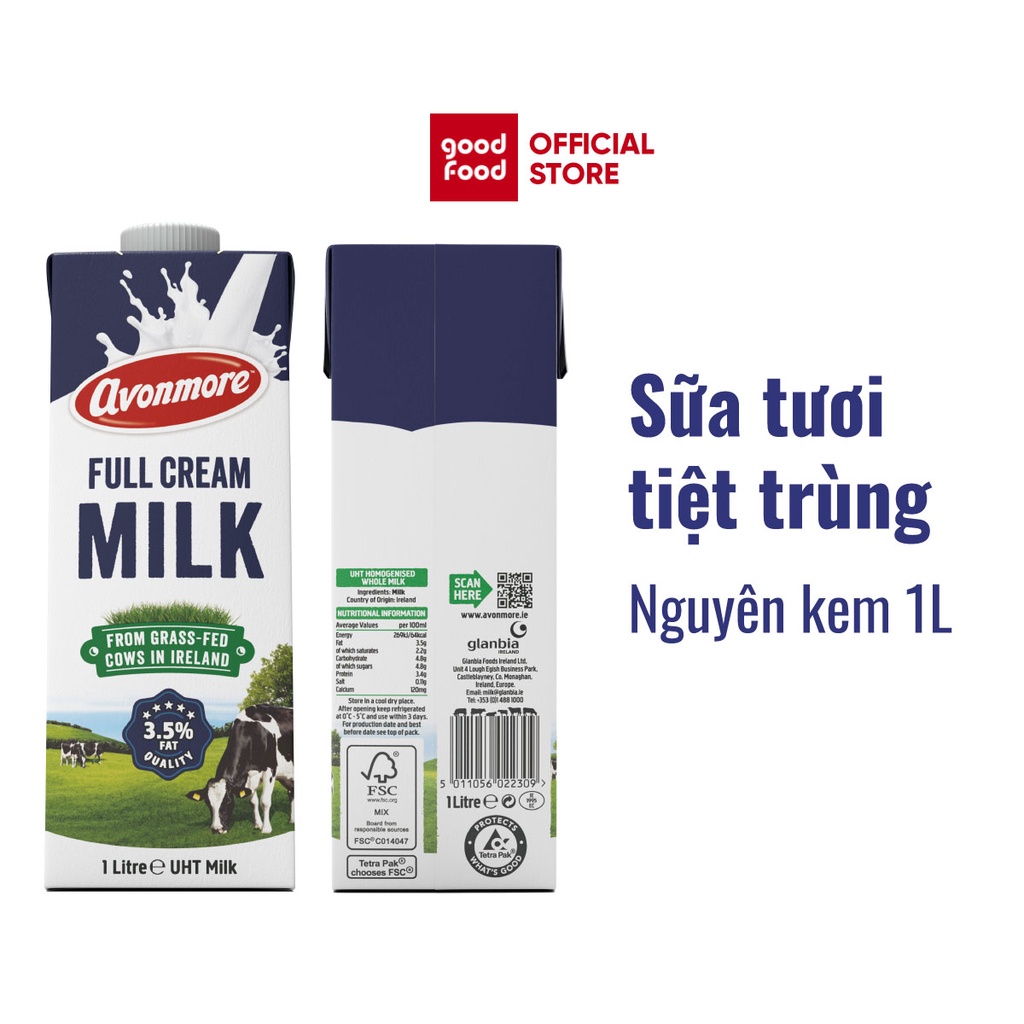 [Mã BMBAU50 giảm 7% đơn 99K] Combo 2 hộp Sữa tươi nguyên chất tiệt trùng (không đường) Avonmore UHT Full Cream Milk 1L