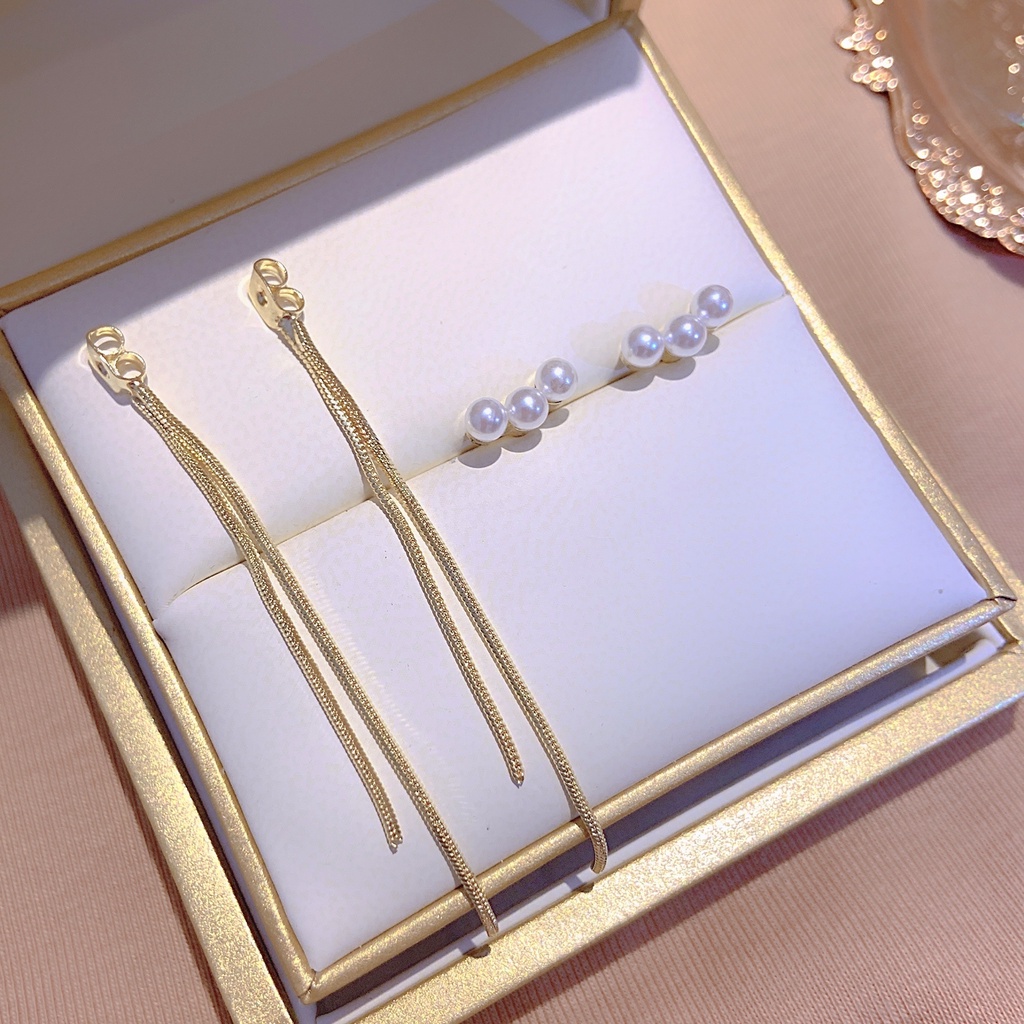 Bông Tai Mạ Bạc 925 Đính Hạt Ngọc Trai Phối Tua Rua Phong Cách Hàn Quốc Thời Trang