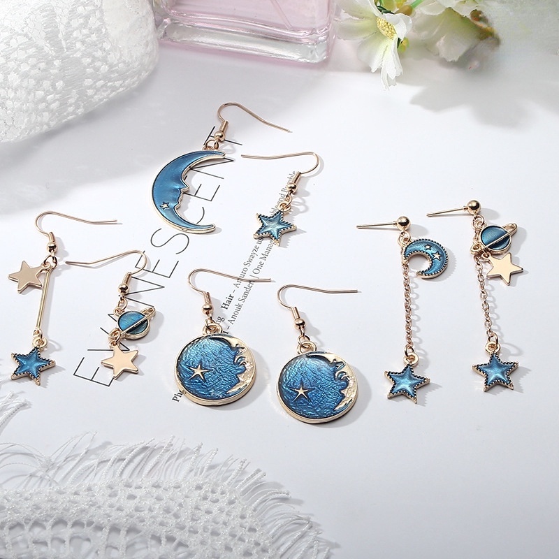 Khuyên Tai Tua Rua Dài Không Đối Xứng Hình Hành Tinh Xanh Dương Và Hành Tinh Nhỏ Tươi Mới Cá Tính Thời Trang