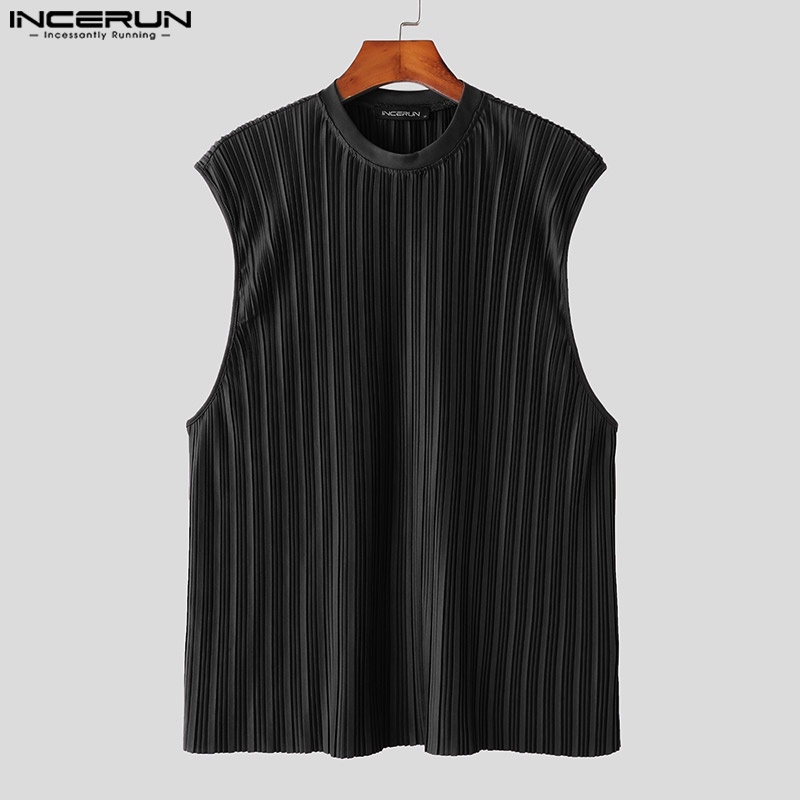 Áo sát nách INCERUN cổ tròn xếp li màu trơn cho nam