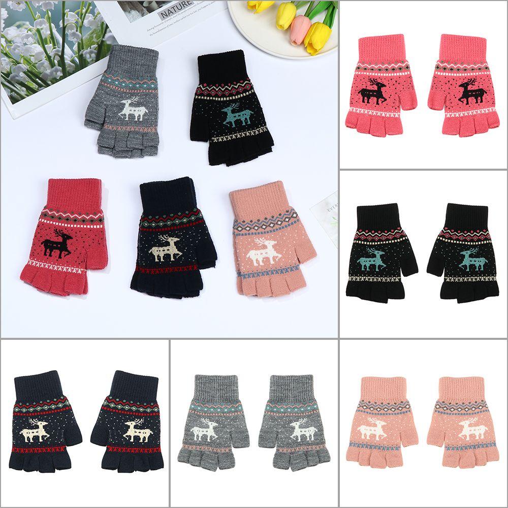 1 Đôi Găng Tay Len Cashmere Hở Ngón Họa Tiết Hươu Hoạt Hình