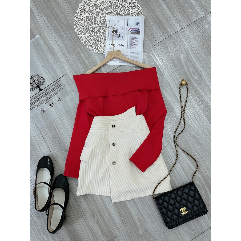 Set áo trễ vai vai len tăm mix chân váy vạt lệch chữ a đồ bộ nữ đi chơi | BigBuy360 - bigbuy360.vn