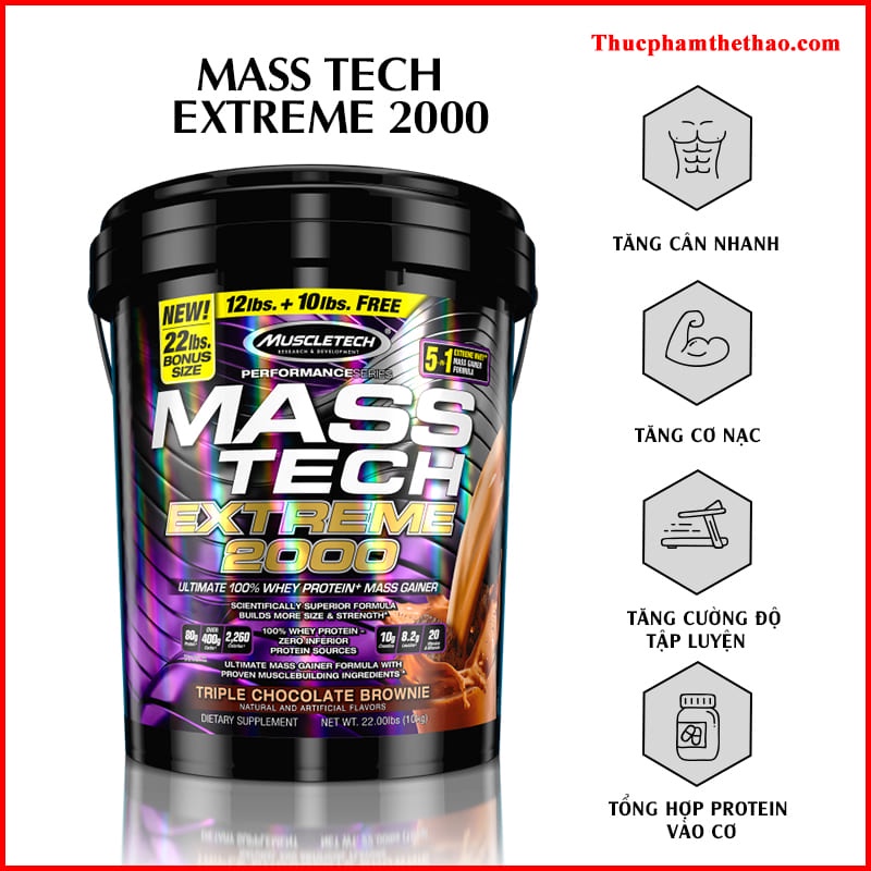 SỮA MASS TĂNG CÂN TĂNG CƠ NHANH Mass Tech Extreme 2000 22lbs  - Nhiều Hương Vị - Kèm Quà Tặng - MUSCLETEC USA