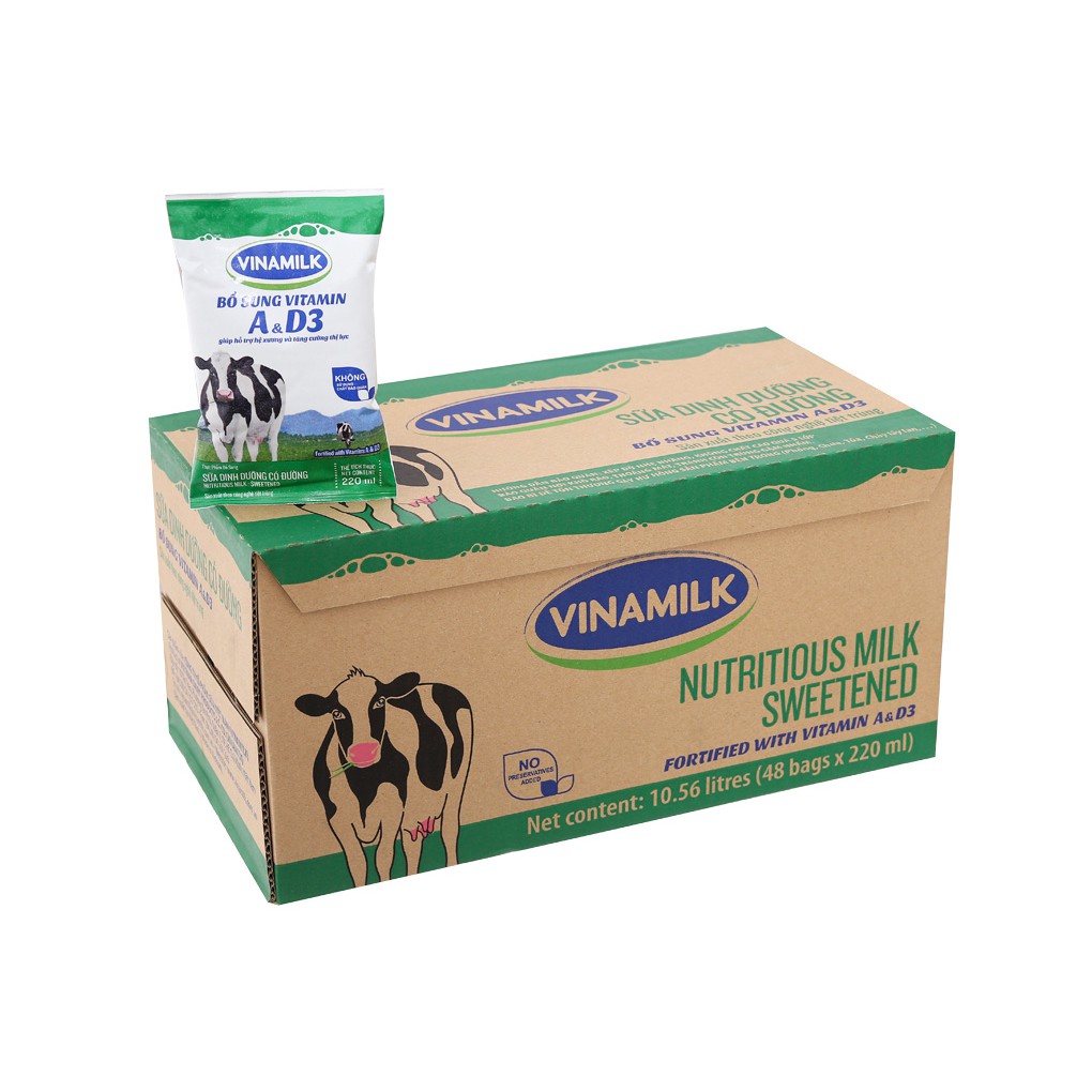 Thùng 48 túi sữa dinh dưỡng vinamilk không đường - 220ml