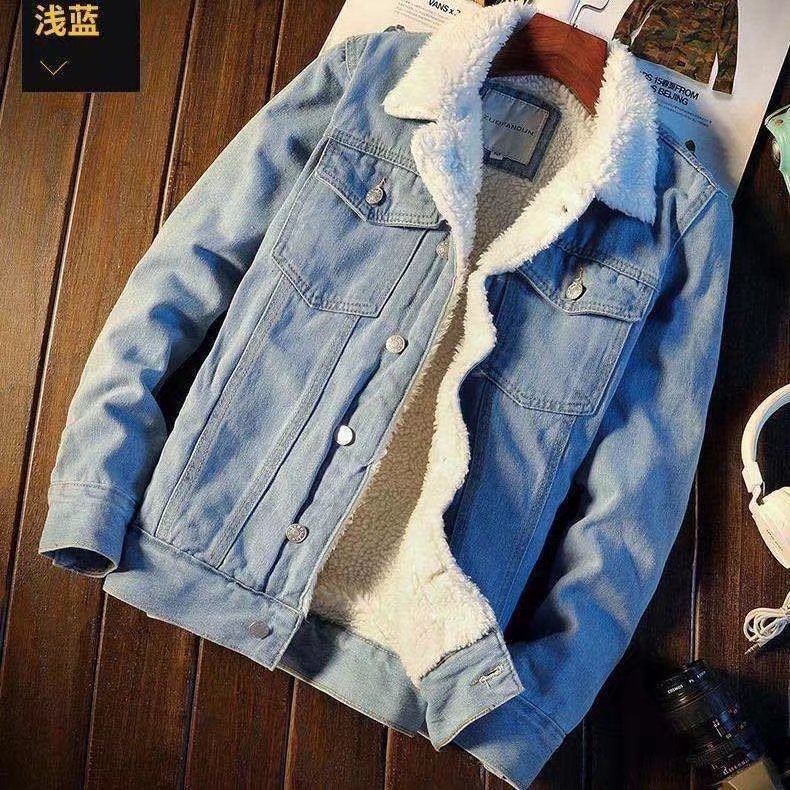 Áo Khoác Denim Lót Lông Cừu Dày Dặn Phong Cách Hàn Quốc Thời Trang Mùa Đông Kiểu Mới 3 Màu Tùy Chọn Cho Nam M-4XL