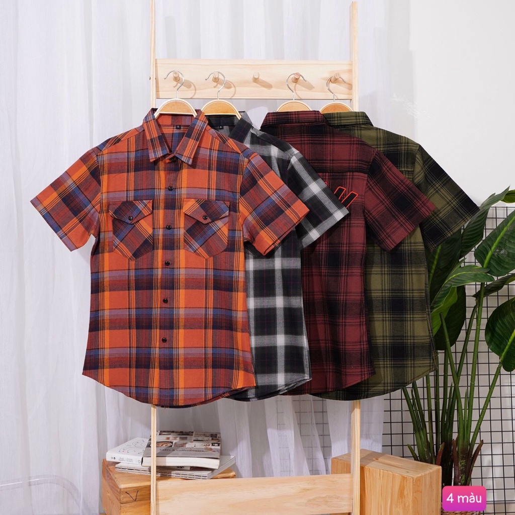 Áo sơ mi nam Sọc Caro Tay Ngắn Thêu Cao Cấp Quảng Châu Cotton Mềm Mịn M133