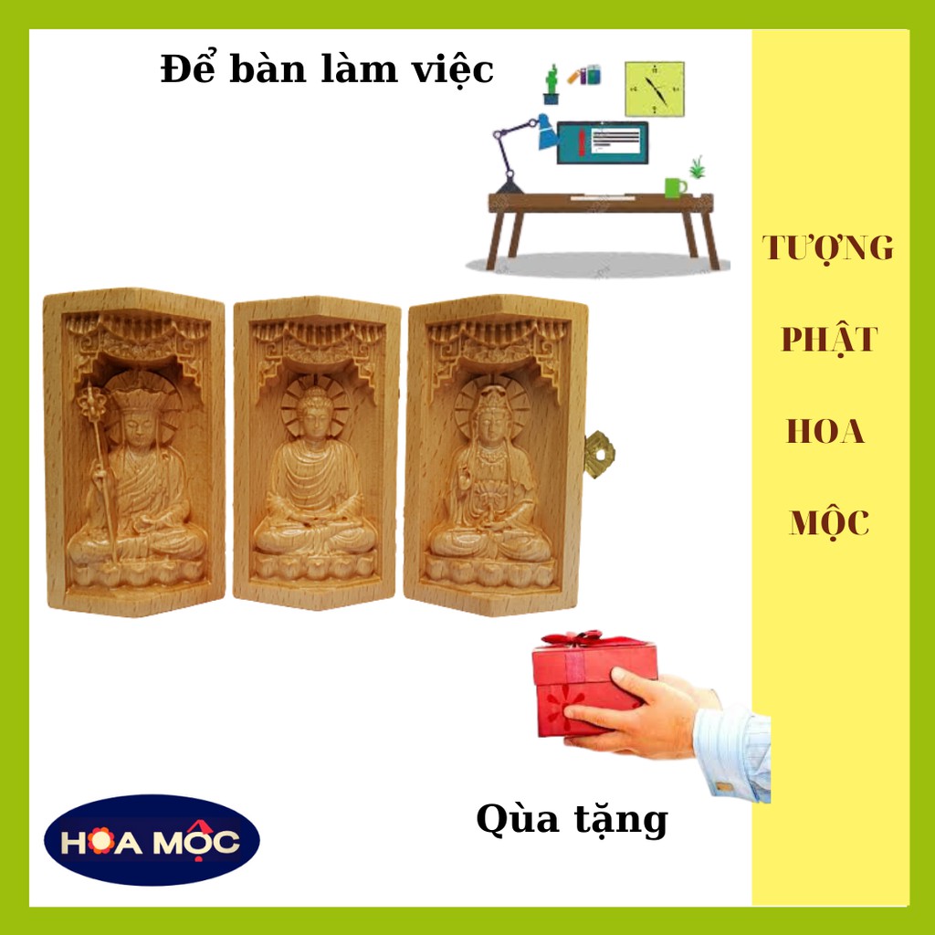 Tượng Gỗ Tam Thánh Sa Bà. Tượng Địa Tạng Vương Bồ Tát - Phật Thích Ca - Quan Âm Bồ Tát. Điêu Khắc Chất Liệu Gỗ