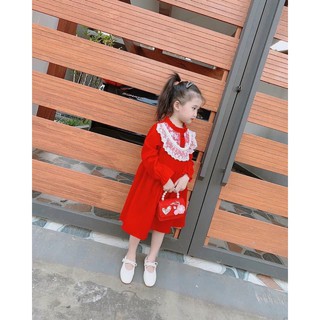 Váy nhung đỏ cổ ngọc cho bé gái