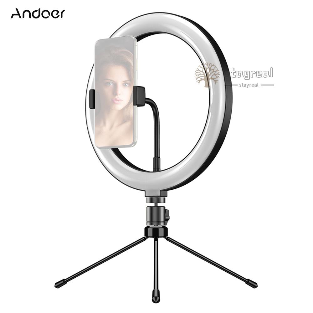 Andoer APL-FL10JJ13Y 10 Inch Dimmable LED Selfie Ring Video Light 3000K-6500K LED Circle Light CRI 96 with Tabletop Tripod 3 Light Modes for Vlogging/ Live Streaming