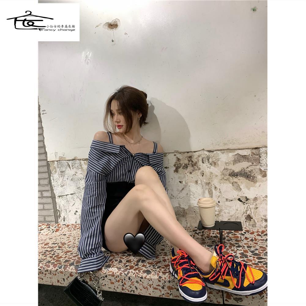 One Đầm Sơ Mi Nữ Tay Dài Kẻ Sọc Giả Hai Lớp Thời Trang