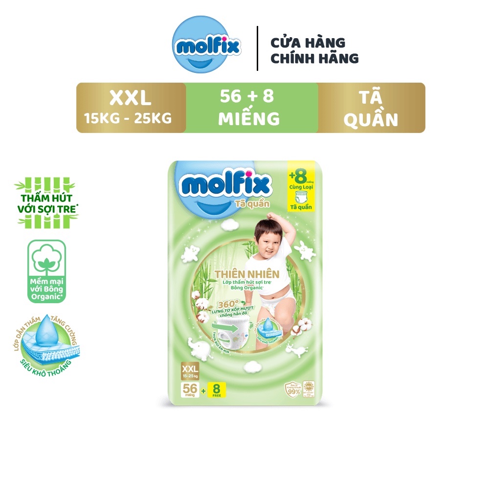 Tã/bỉm quần Molfix Thiên nhiên Ultra XXL (15kg 25kg) Gói 56+8 miếng